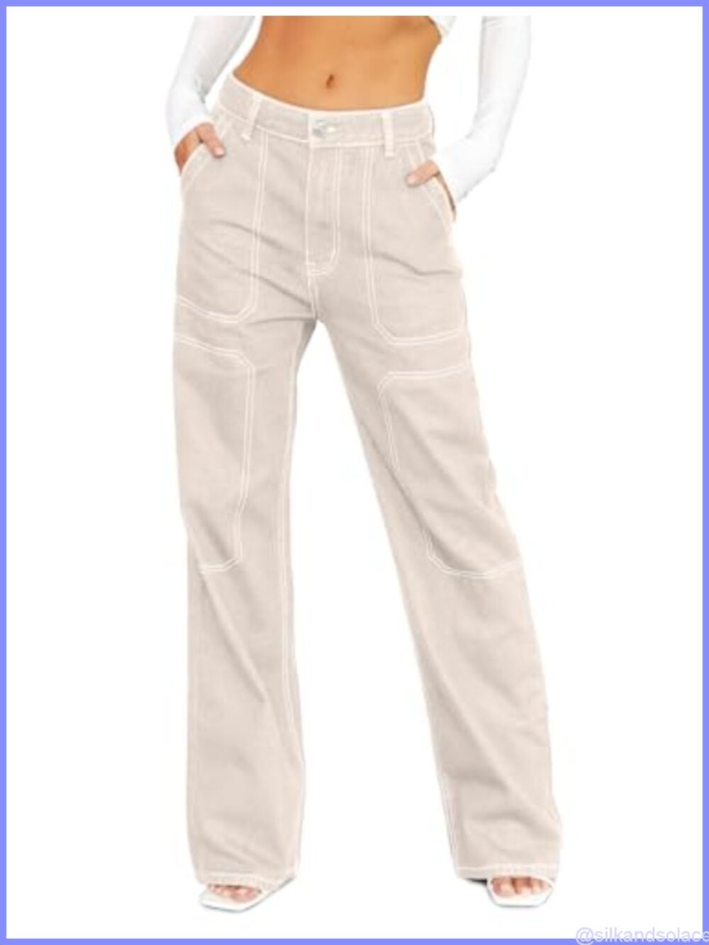 Women's Casual Mid Waist Cargo Jeans Wide Leg Stretch Denim Pants with Pockets